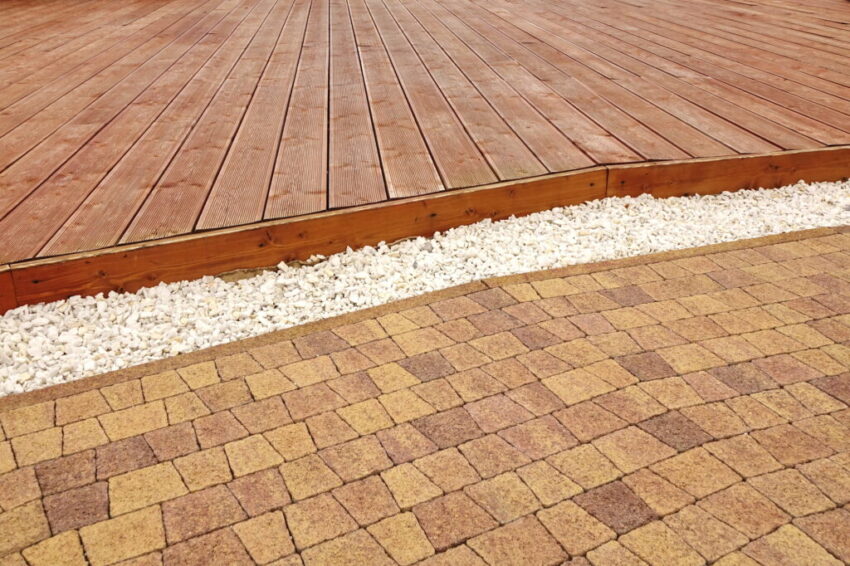 Composite Wood Decking, White Marble Gravel And Stone Brick Pavi
