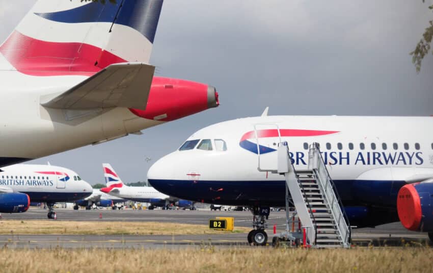 parked out of use British Airways aeroplanes stored at Bournemouth International Airport, Dorset during the Coronavirus crisis