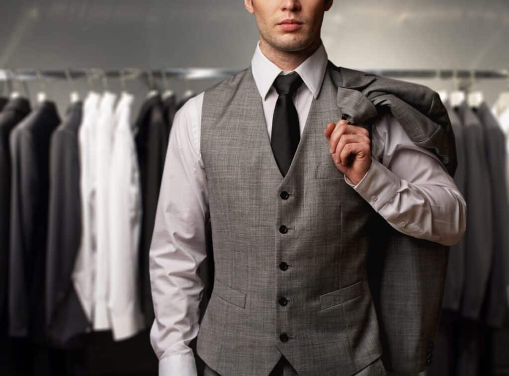 Businessman in classic vest against row of suits in shop