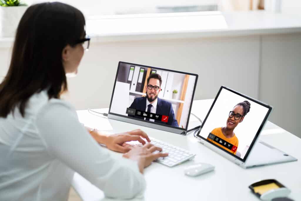 Video,Conferencing,Webinar,Meeting.,Watching,Online,On,Multiple,Screens