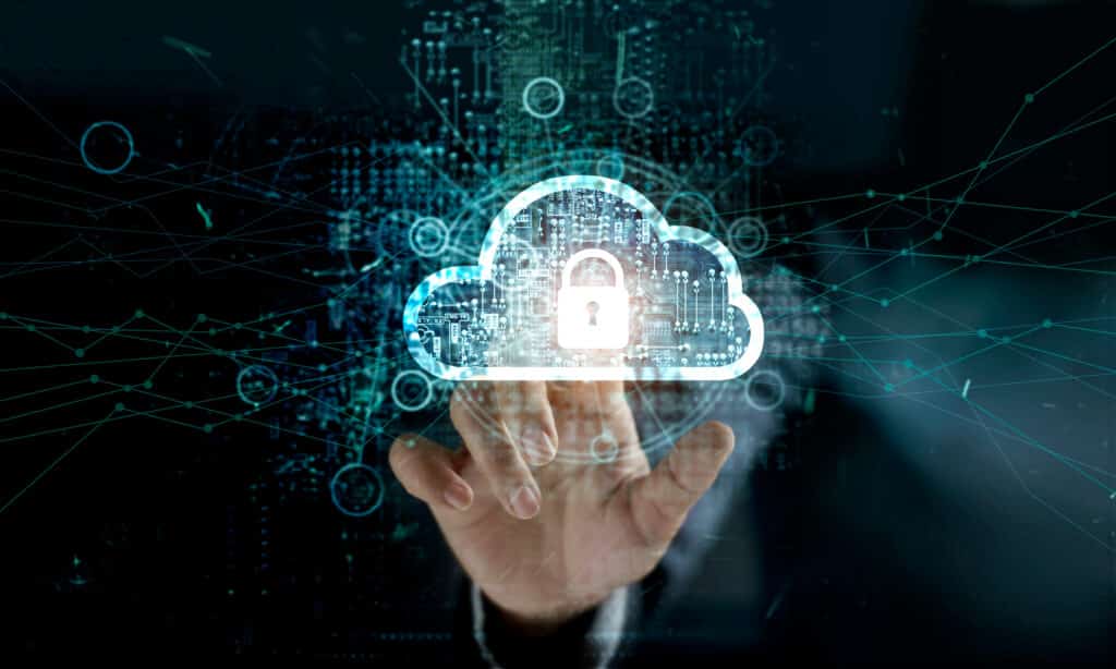Businessman,Touching,Cloud,With,Padlock,Icon,On,Network,Connection,,Digital