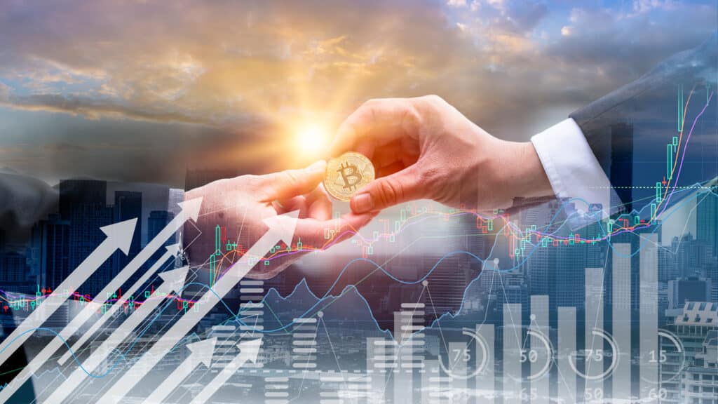 Businessman,Holding,Golden,Bitcoin,With,Chart.financial,Graph.stock,Market,Chart.,Bitcoin