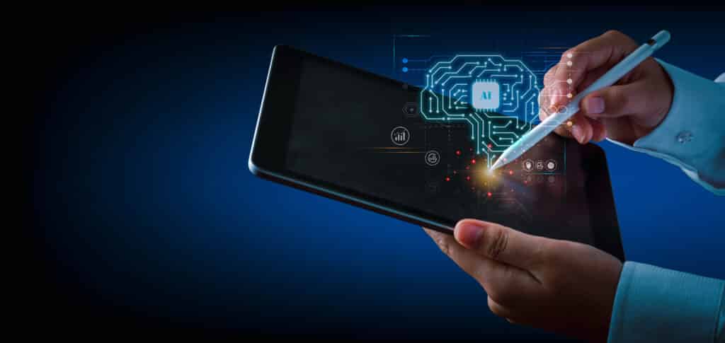 Artificial,Intelligence,Of,Futuristic,Technology,Concept.,Hand,Using,An,Electronic