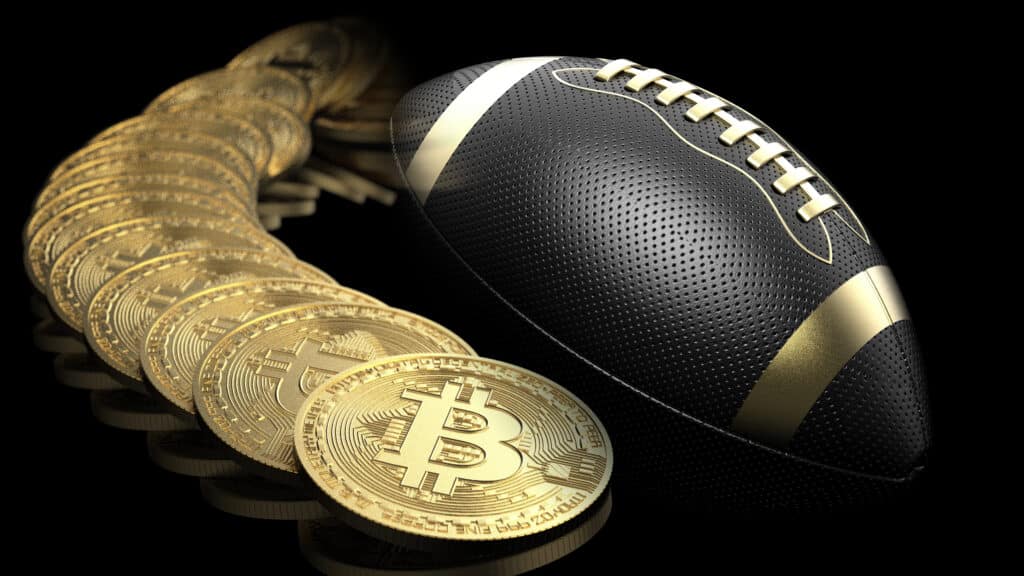 Virtual,Cryptocurrency,Money,Bitcoin,And,Black-gold,American,Foot,Ball.,Blockchain