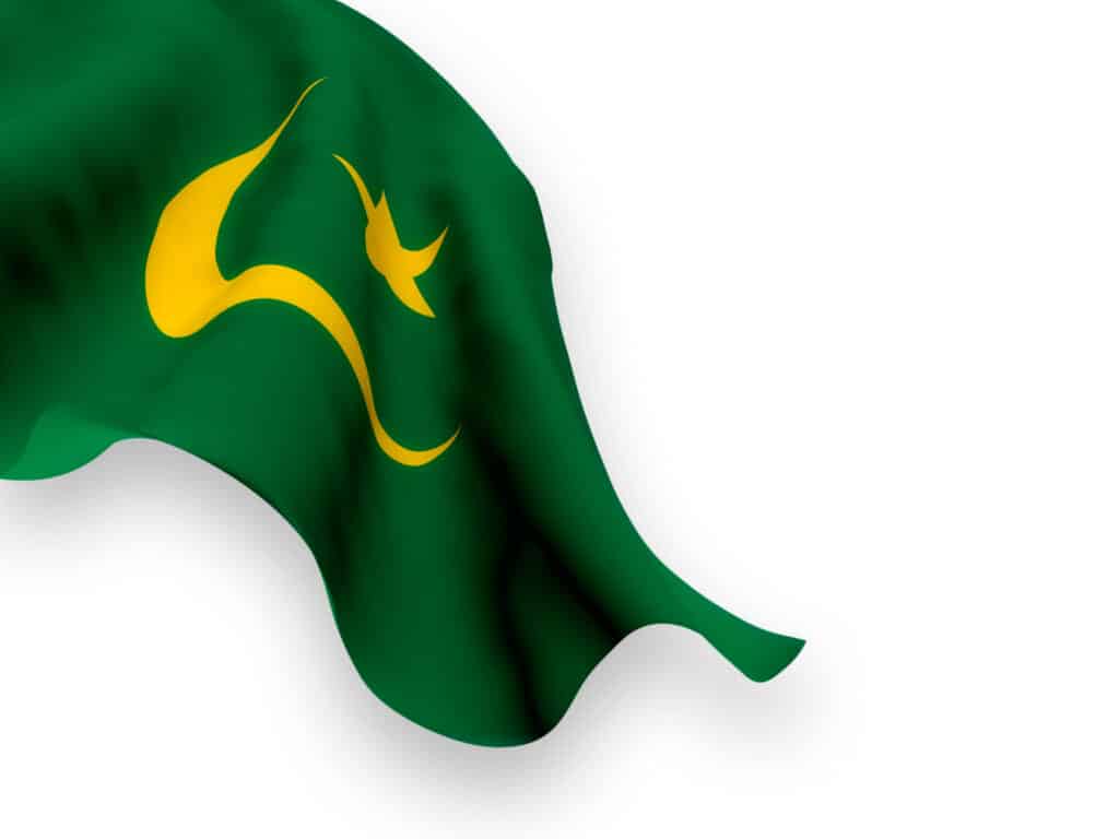 Flag,Of,Mauritiana,Waving,And,Leaving,Visible,A,White,Background.