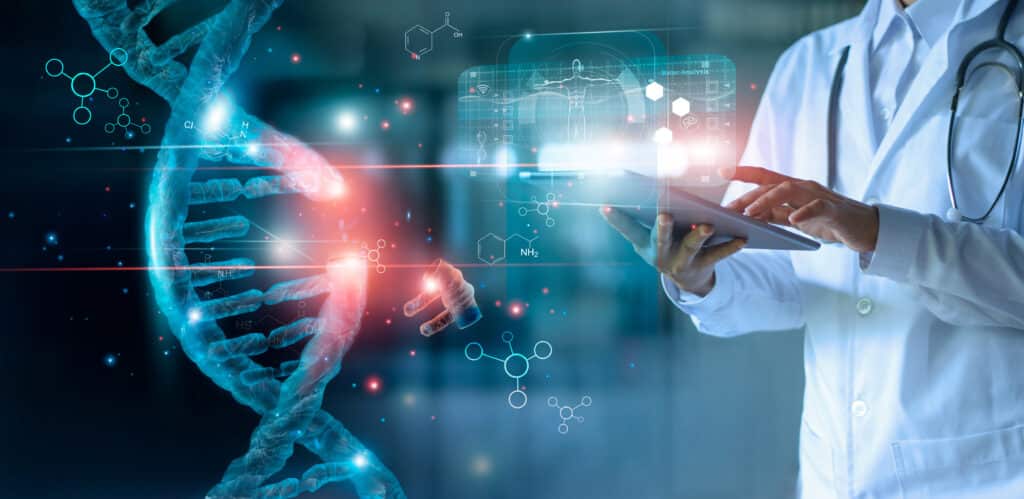 Abstract,Luminous,Dna,Molecule.,Doctor,Using,Tablet,And,Check,With