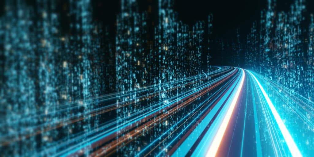 3d,Rendering,Of,Abstract,Highway,Path,Through,Digital,Binary,Towers