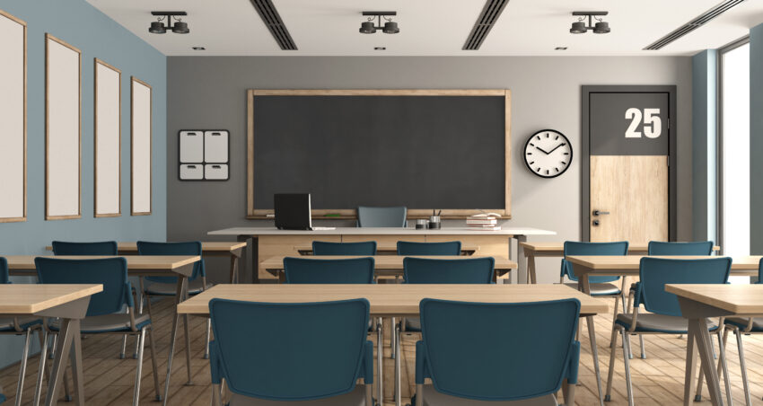 Blue,And,Gary,Modern,Classroom,Without,Students,-,3d,Rendering