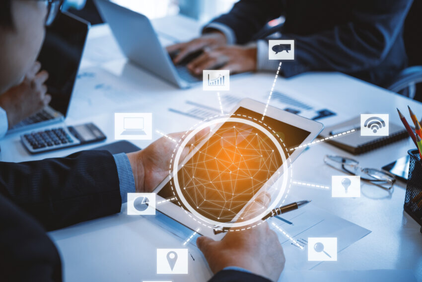 Innovations,Connection,Icons.,Business,Team,Working,Sharing,Data,In,Laptop