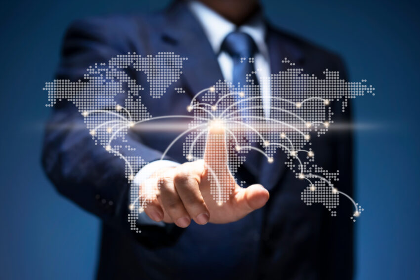 Businessman,Touch,Point,Of,City,Connection,Line,In,World,Map.