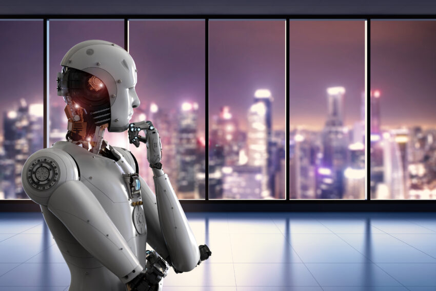 3d,Rendering,Android,Robot,Thinking,In,Office