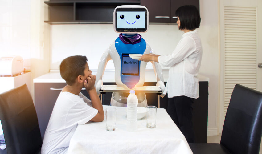 Smart,Home,Concept,,Mother,And,Son,Are,Dining,With,Intelligent