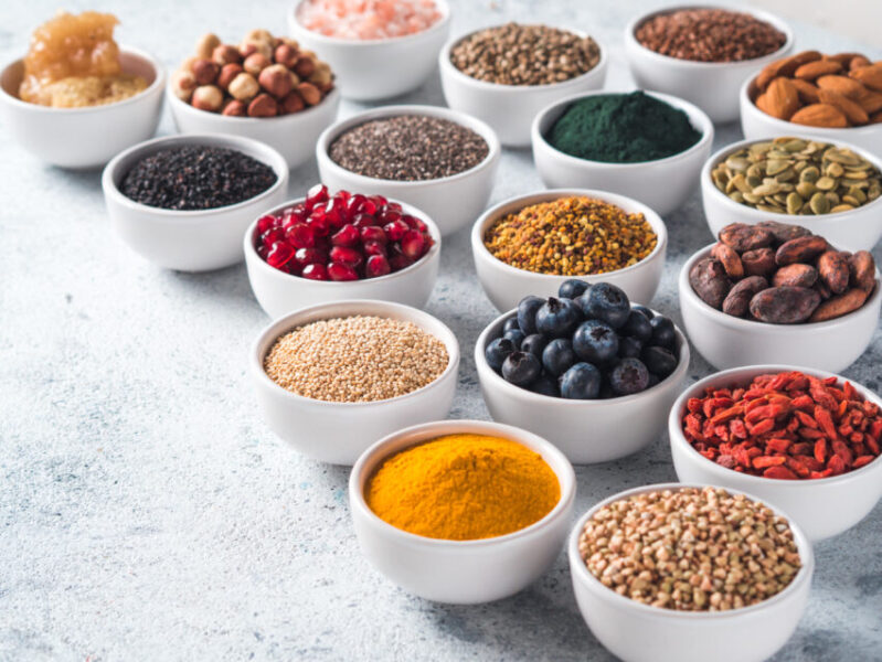 Various,Superfoods,In,Smal,Bowl,Gray,Concrete,Background.,Superfood,As