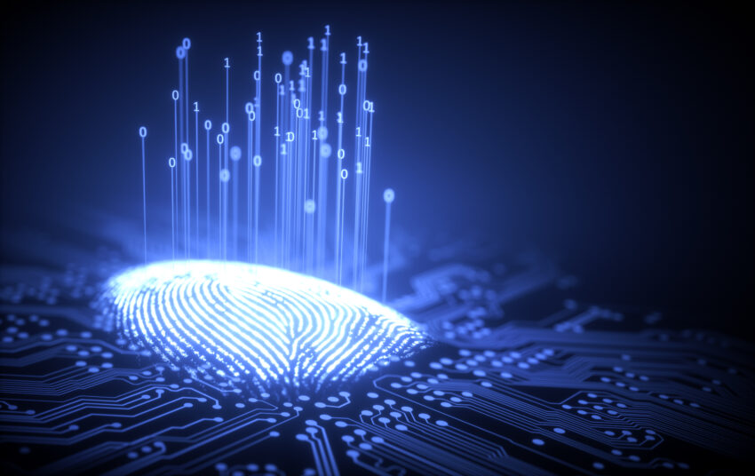 3d,Illustration.,Fingerprint,Integrated,In,A,Printed,Circuit,,Releasing,Binary