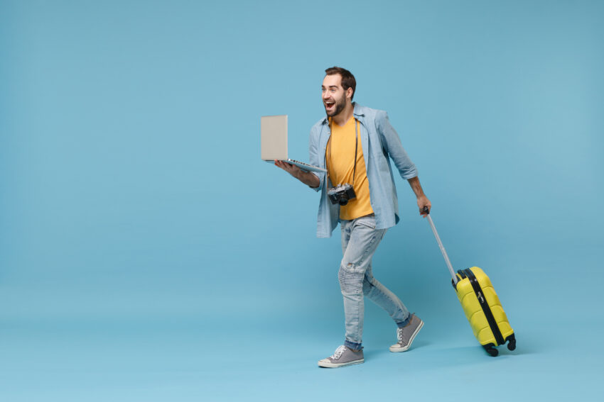 Excited,Traveler,Tourist,Man,In,Yellow,Clothes,With,Photo,Camera