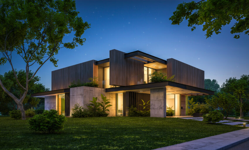 3d,Rendering,Of,Modern,Cozy,House,With,Parking,And,Pool