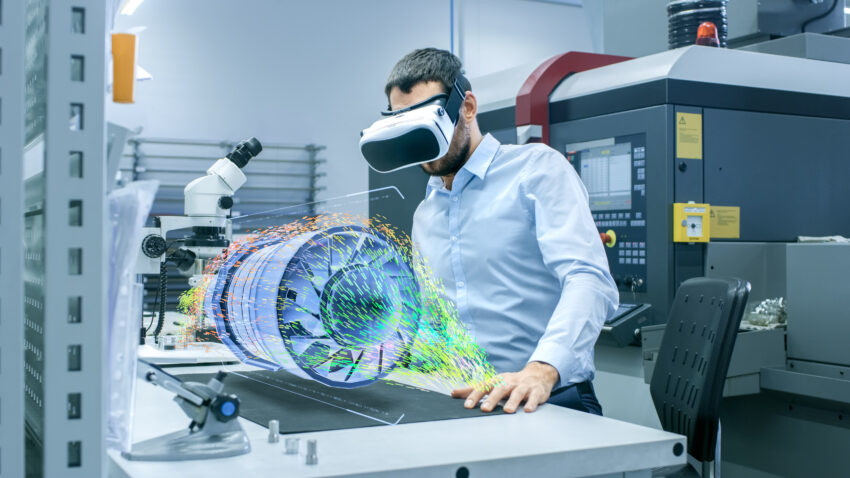 Factory,Chief,Engineer,Wearing,Vr,Headset,Designs,Engine,Turbine,On