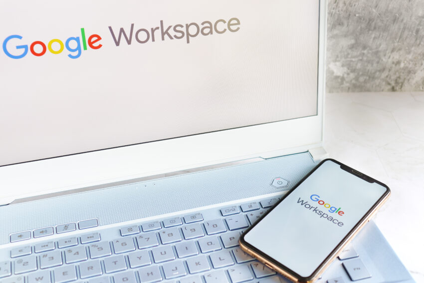 Google,Workspace,Logo,On,Computer,Screen,And,Google,Workspace,Logo